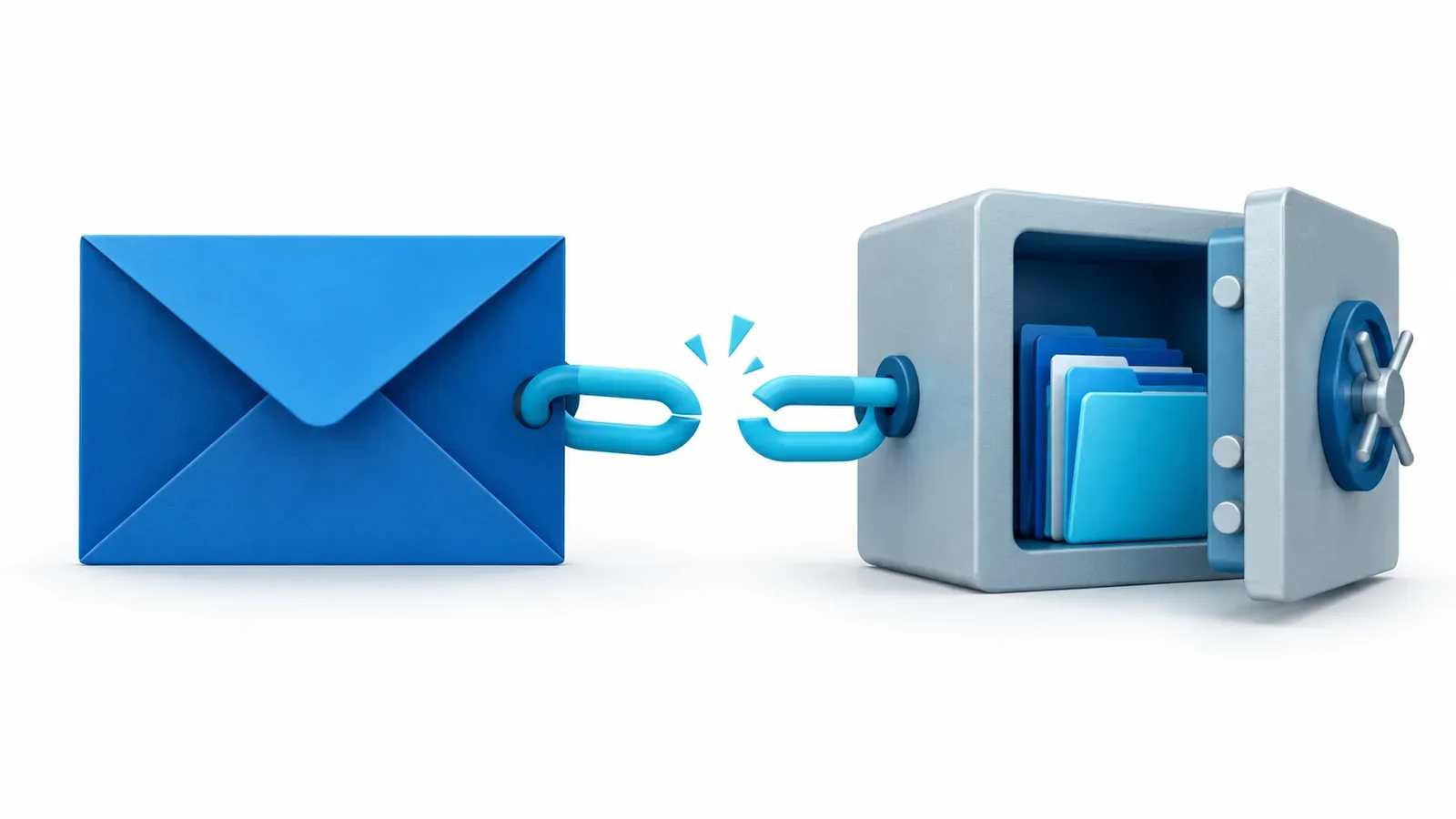 Editorial illustration of a blue mail envelope linked to a separate file vault with a cyan link being revoked.