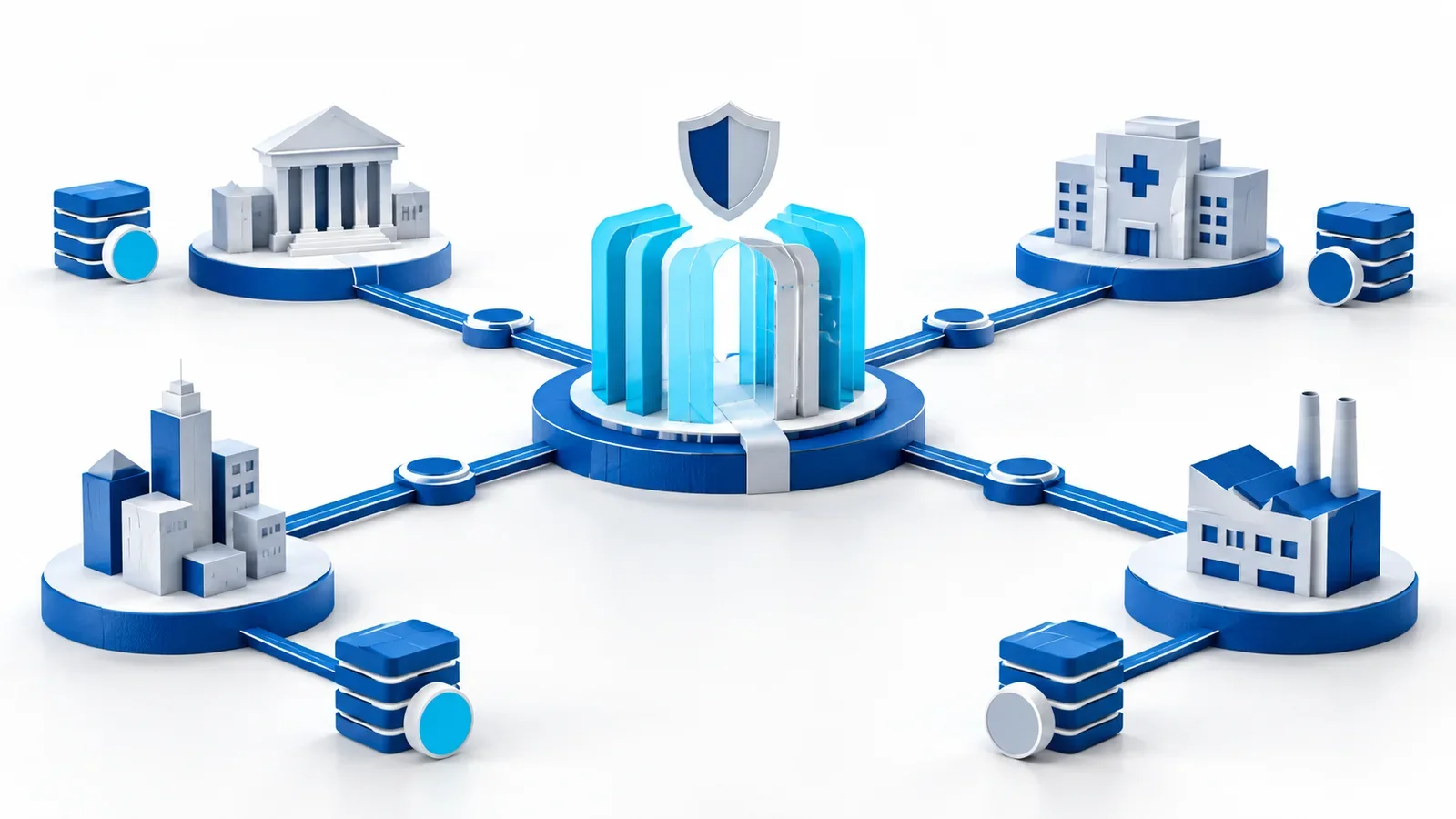 Editorial illustration of a blue public-service network with a cyan identity gateway and distinct incident counters represented without numbers.