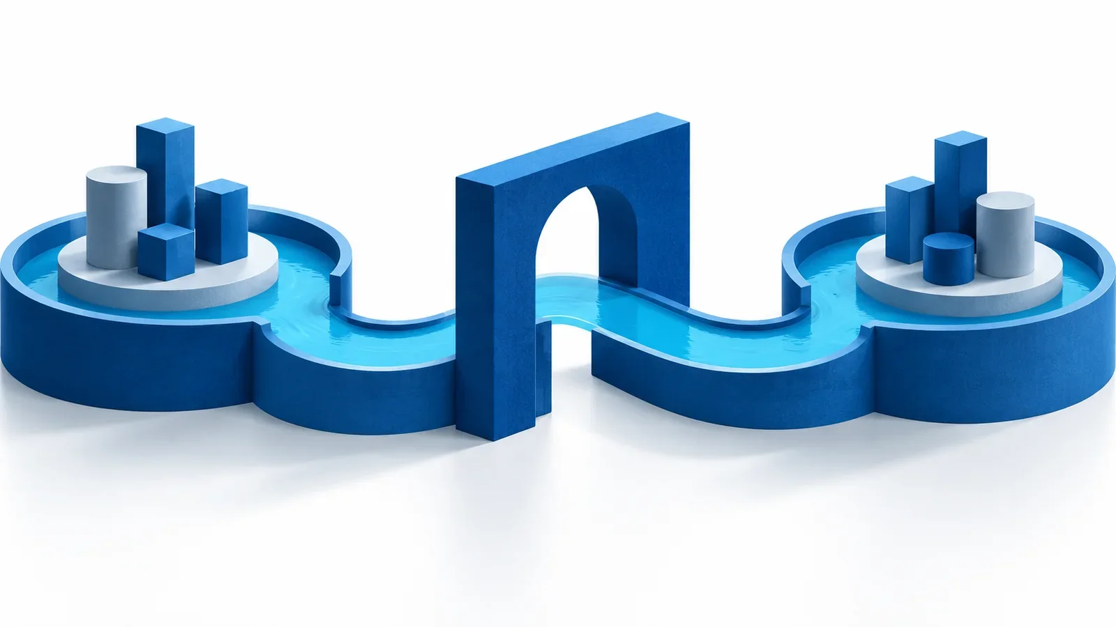 Two abstract corporate treasury pools joined by a continuous cyan channel across a blue cross-border gateway