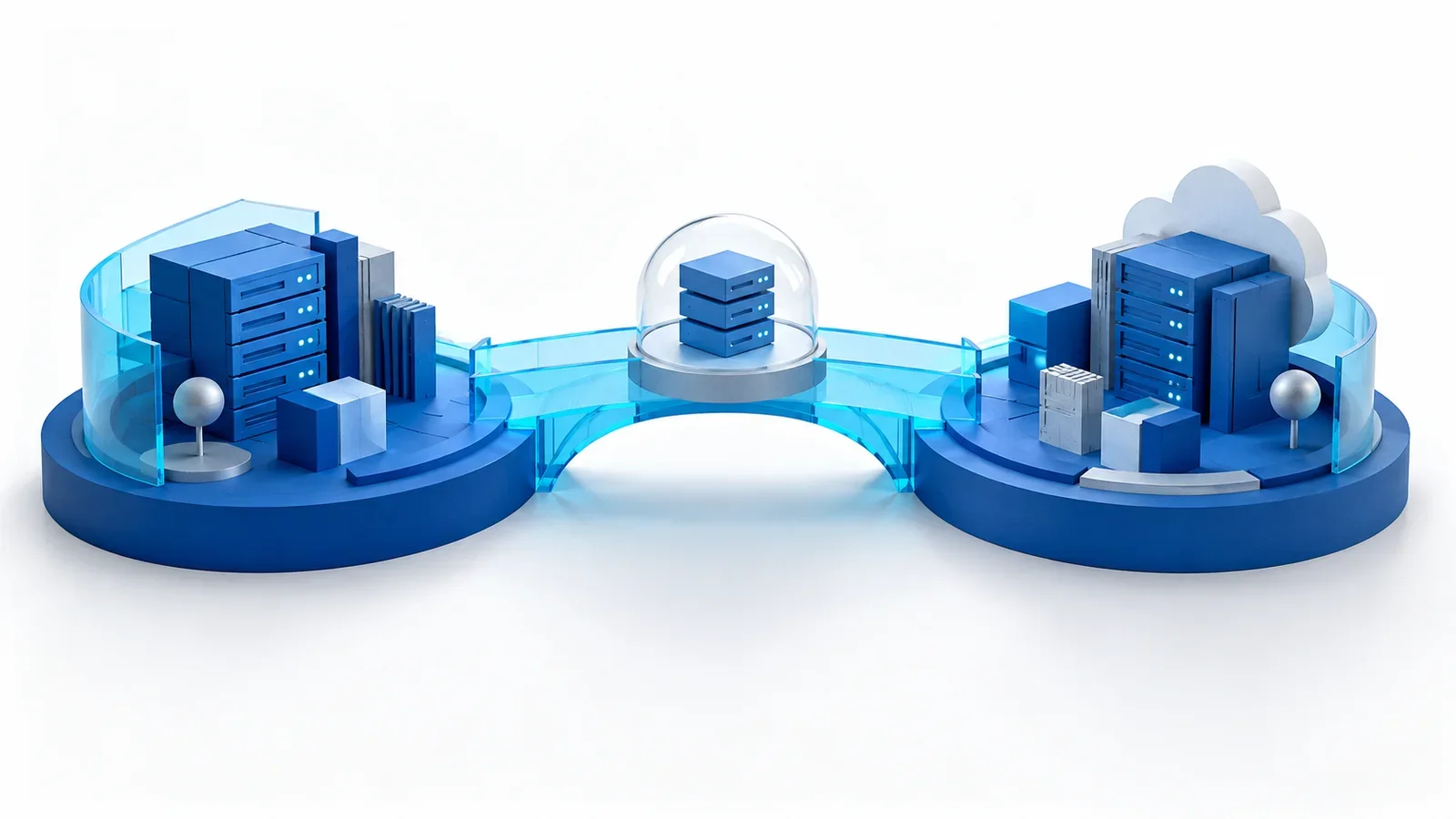 Two blue operating-system platforms joined by a cyan test bridge with a preserved stable server island, conceptual illustration