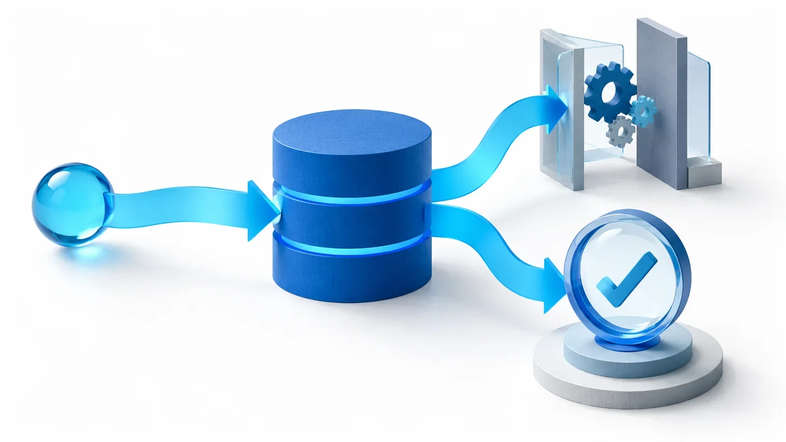Cyan query path entering a blue database and splitting into an execution gate and separately checked answer lens, conceptual illustration